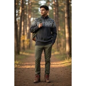 "Columbia" Mens XL 1/4 Zip Fair Isle Sweater Charcoal Gray Nordic Knit Mock Neck